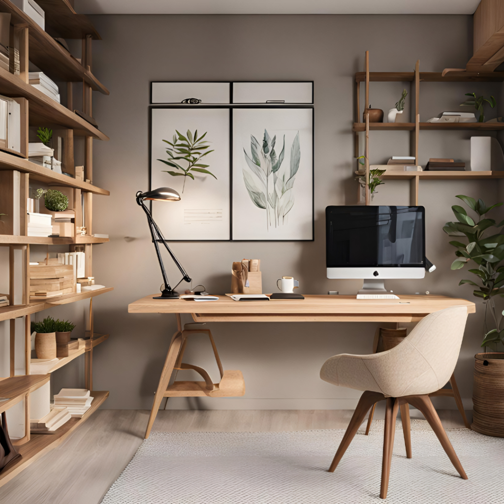 A stunning home office with wooden shelves and a large wooden desk with a computer, lamp, and other decorations on top.